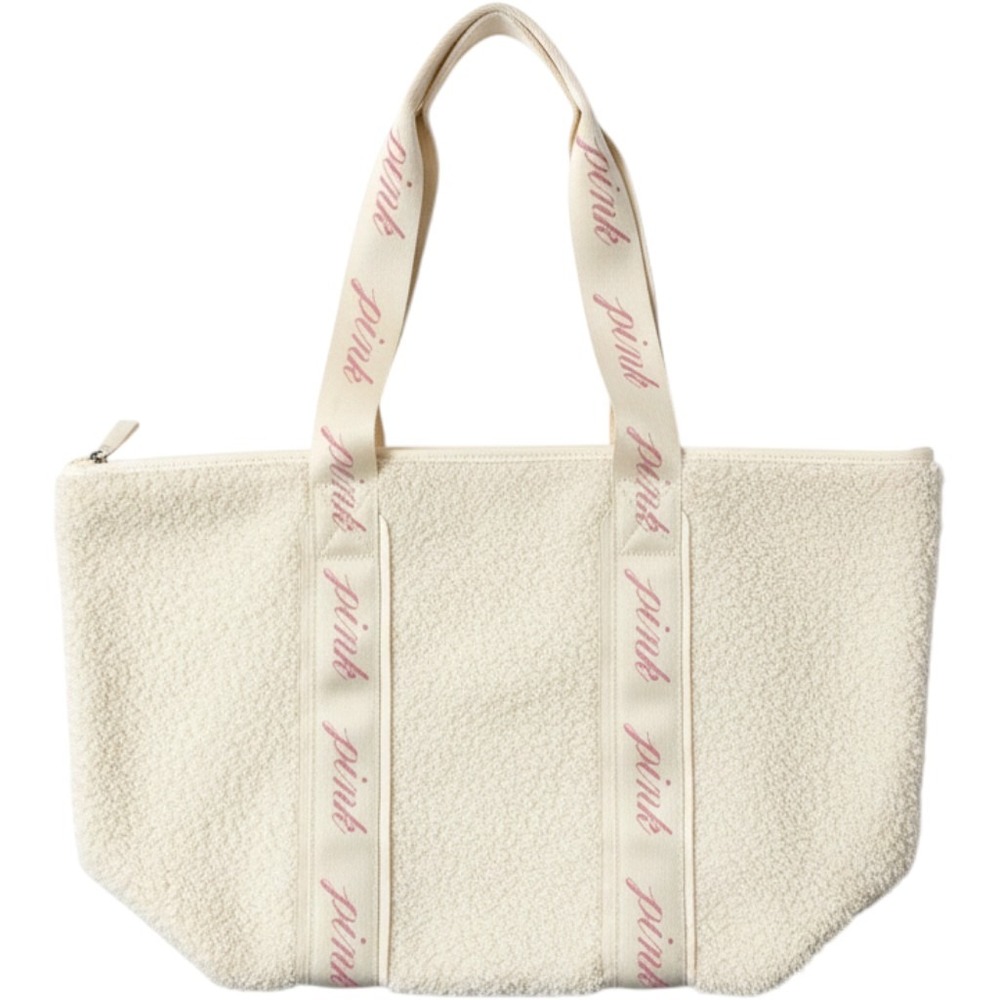 PINK Victoria's Secret Sherpa Tote Bag Women OS Cream Good Logo Strap